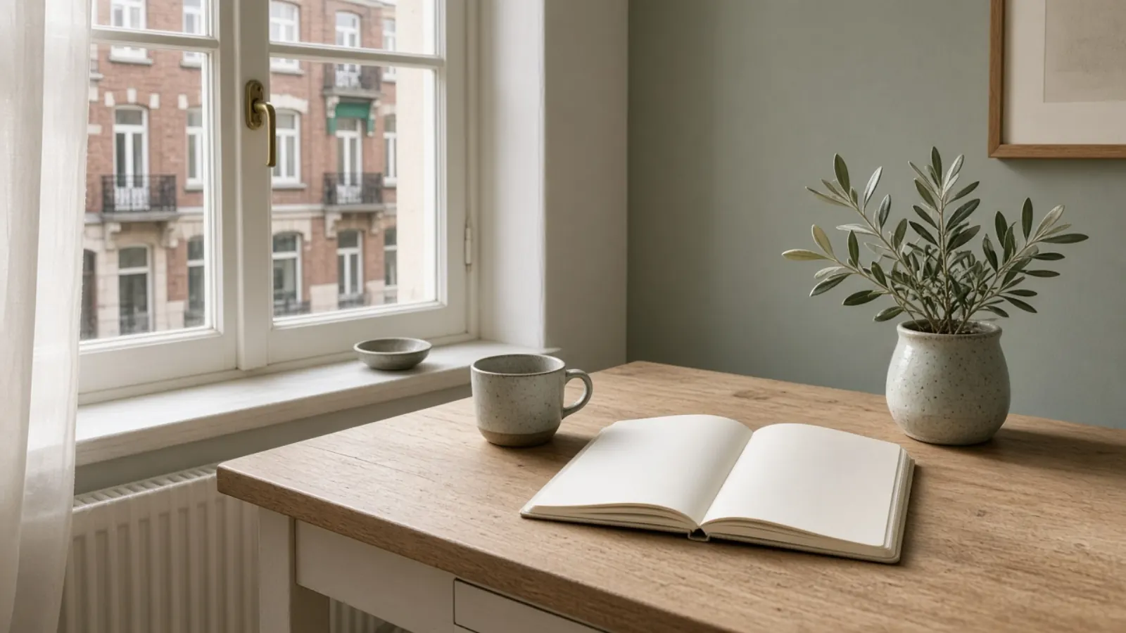 Heller Schreibtisch mit Notizbuch, Tasse und Olivenzweig vor einem Fenster auf eine Wohnstraße