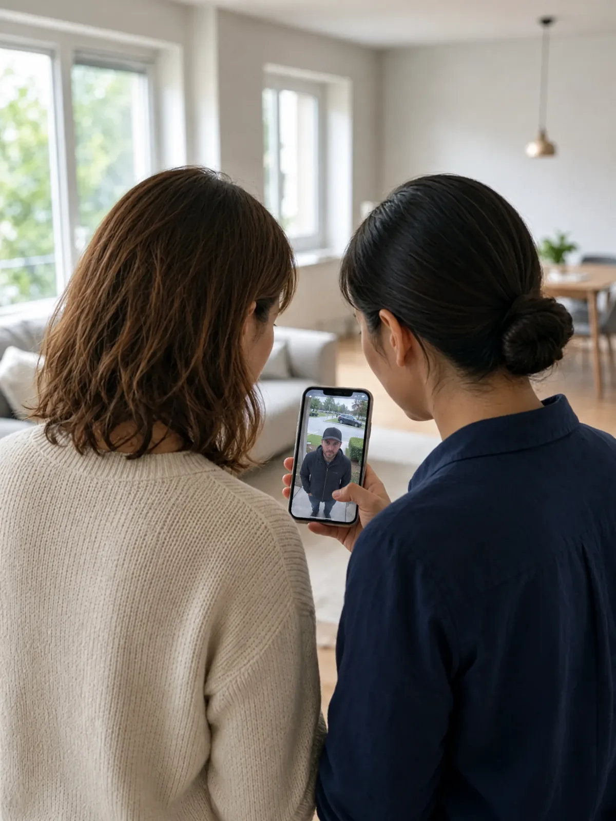 Zwei Frauen von hinten schauen auf ein Smartphone, dessen Bildschirm eine Kameraaufnahme eines Mannes zeigt